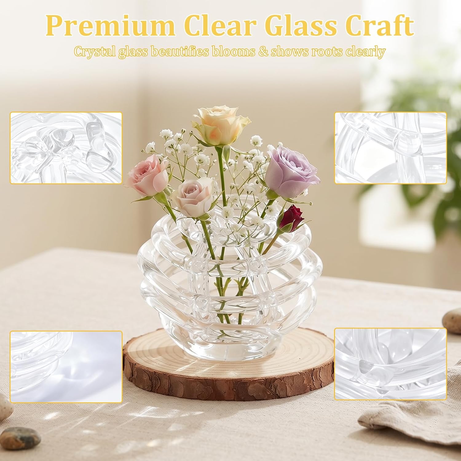 Clear Glass Flower Frog,Hand Blown Twisted Floral Stem Holder Handcrafted Glass Ball Holds Stems Securely, Reusable and Modern Floral Arranger Tool for Stunning Vase Decor (Transparent B)