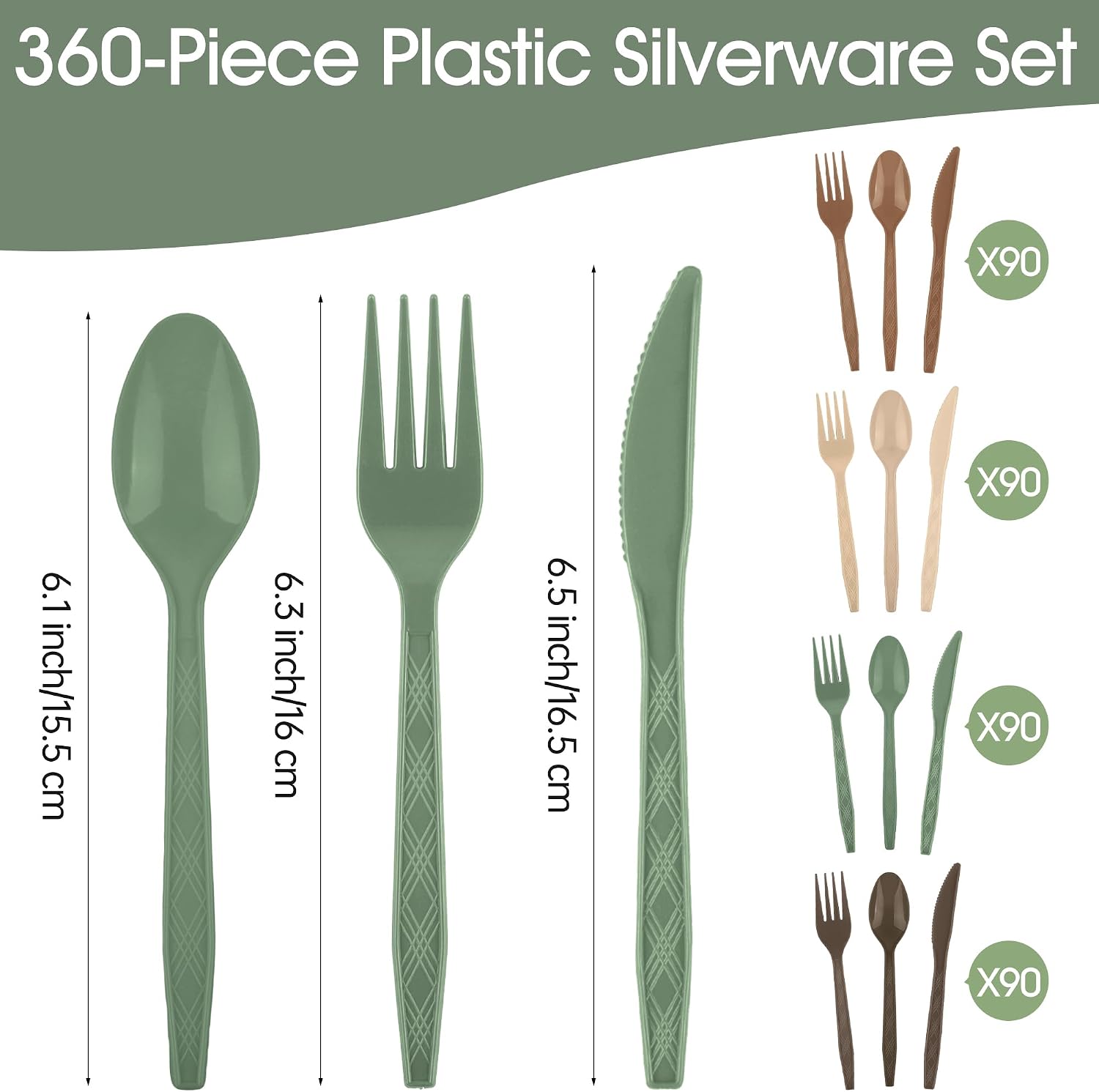 Kochorie 360 Pcs Woodland Plastic Silverware Disposable Flatware Plastic Cutlery Brown Sage Green Forks, Knives and Spoons Set Serving Silverware for Picnic Outdoor Forest Party Supplies