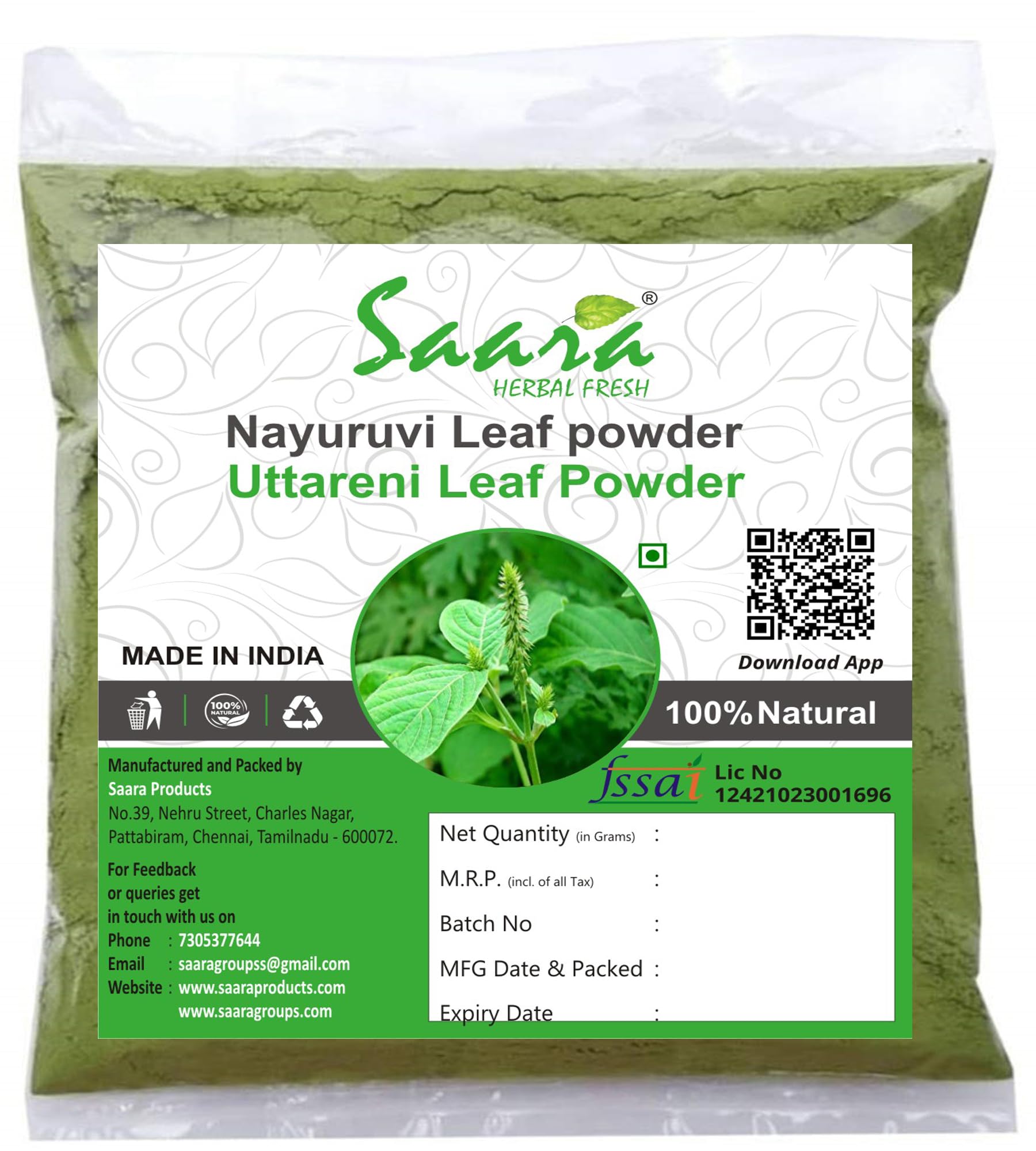 Saara HERBAL FRESH Nayuruvi leaf Powder, 100g, Apamarga, Achyranthes Aspera, Uttareni, Chaff Flower, Chirchra Powder, (pack of 1 x 100g) (B07VSGBRF9) Amazon Price History, Amazon Price Tracker