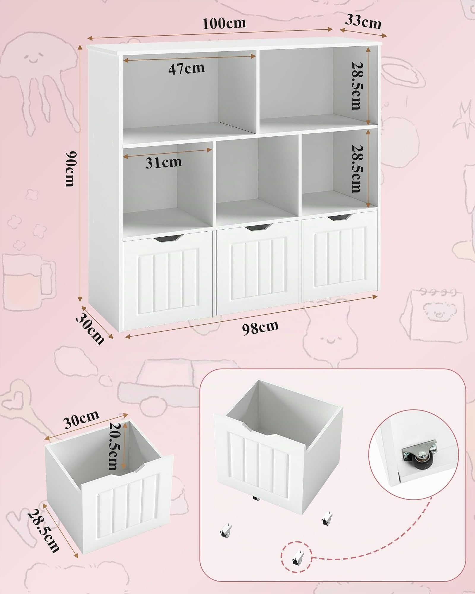 Estanteria Infantil con 5 Compartimentos, Organizador de Juguetes con 3 Cajones, Mueble Almacenaje Juguetes, Librería Montessori, Estante para Niños, Blanco 100x33x89.5cm