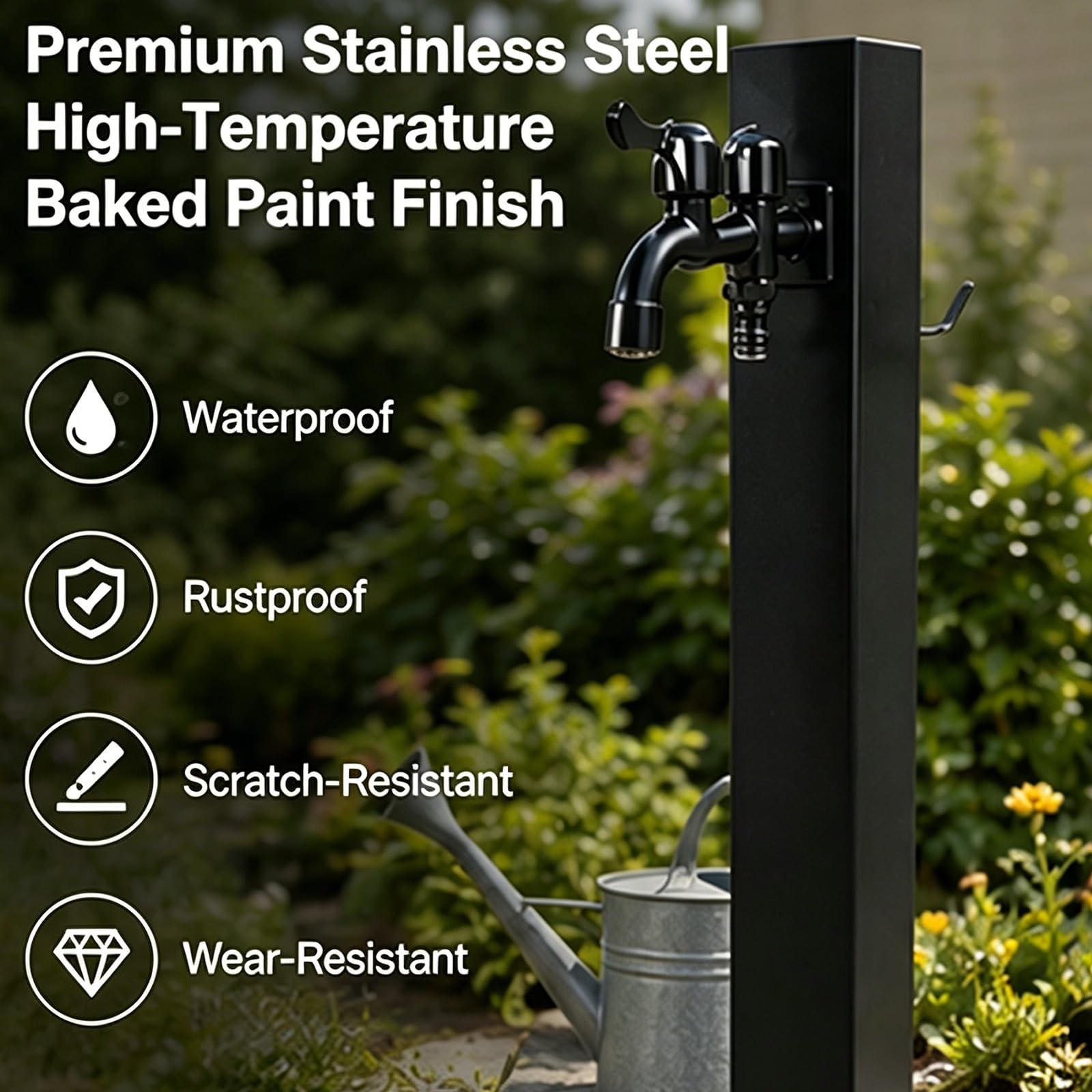 Fuente Jardin Exterior Negra, Columna de Agua para Jardín de Acero Inoxidable con Grifo y Gancho para Patio y Terraza(6x95cm/2x37in)