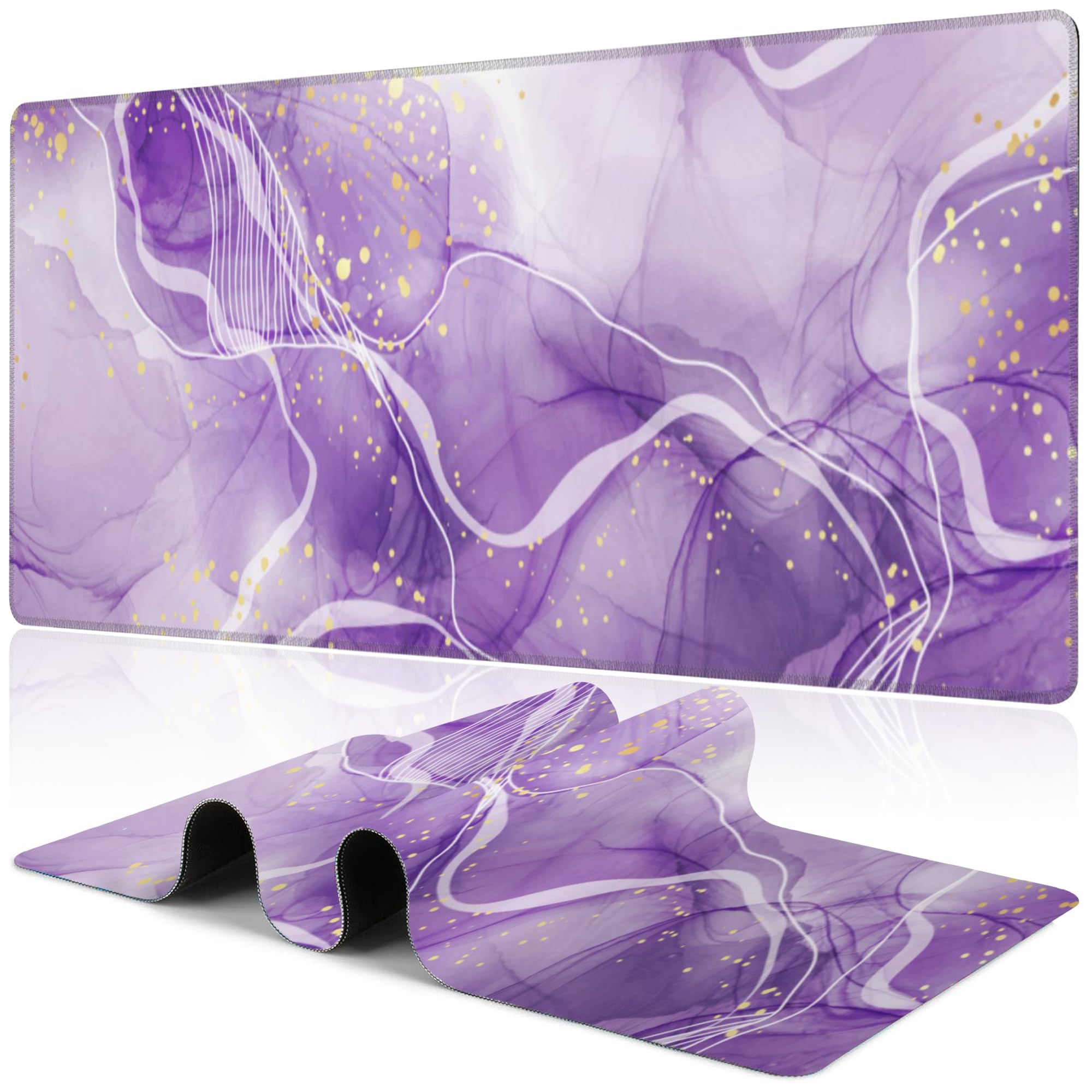 Watercolor Purple Marble Desk Mat,Large Violet Marble Texture Gaming Keyboard Mouse Pad,Non-Slip Rubber Base Desk Pad Thick Stitched Edges Waterproof
