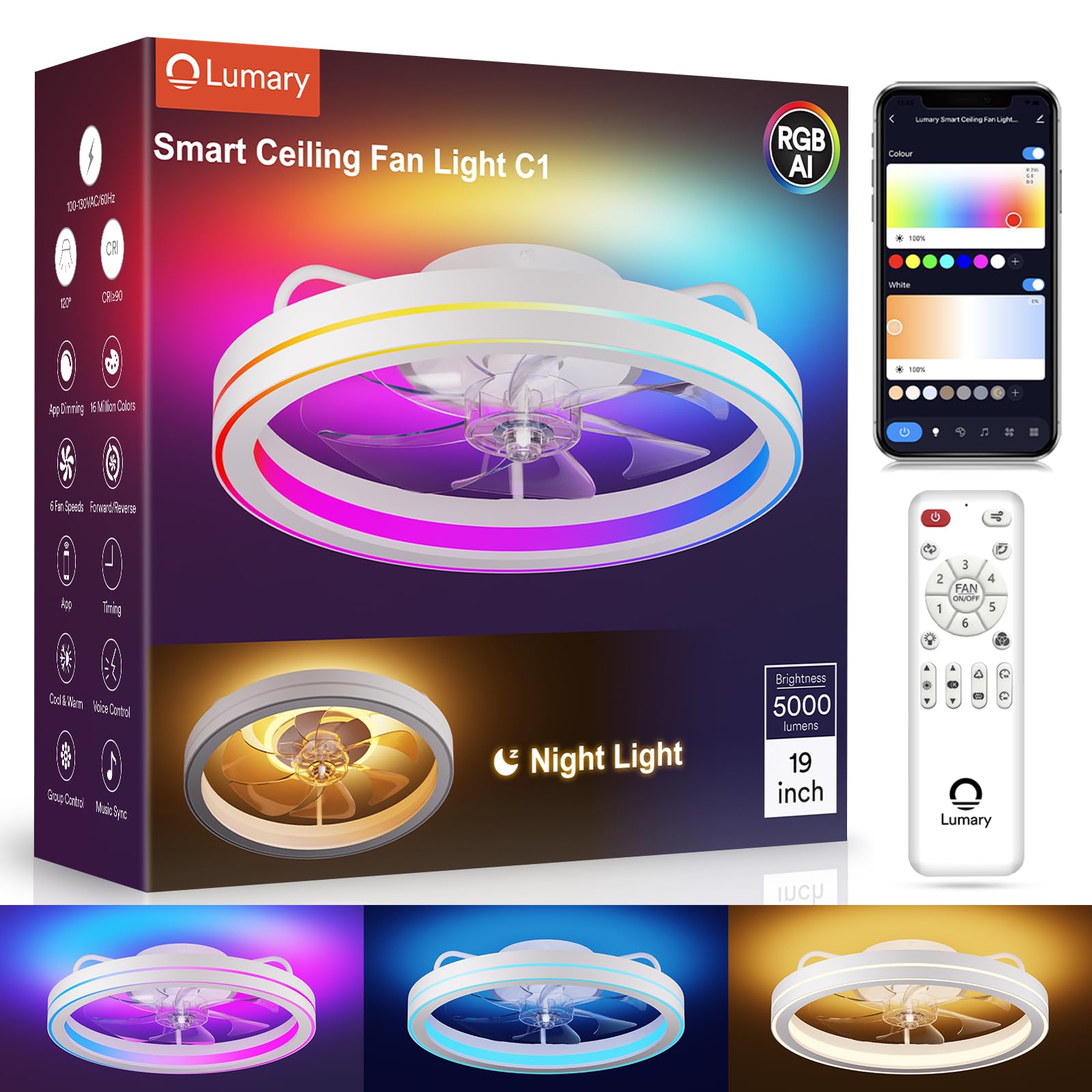 Lumary Smart Ceiling Fan Light with 2200K Nightlight, WiFi & Bluetooth Low Profile Ceiling Fan with Light Remote for Bedroom, RGBAI & 42 Scenes Mode,