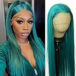 BTWTRY Emerald Green Synthetic Lace Front Wig - Long Straight Teal Green Lace Front Synthetic Wig - Pre Plucked Natural Hairline - Glueless Heat Resistant Fiber Hair Wig for Fashion Women