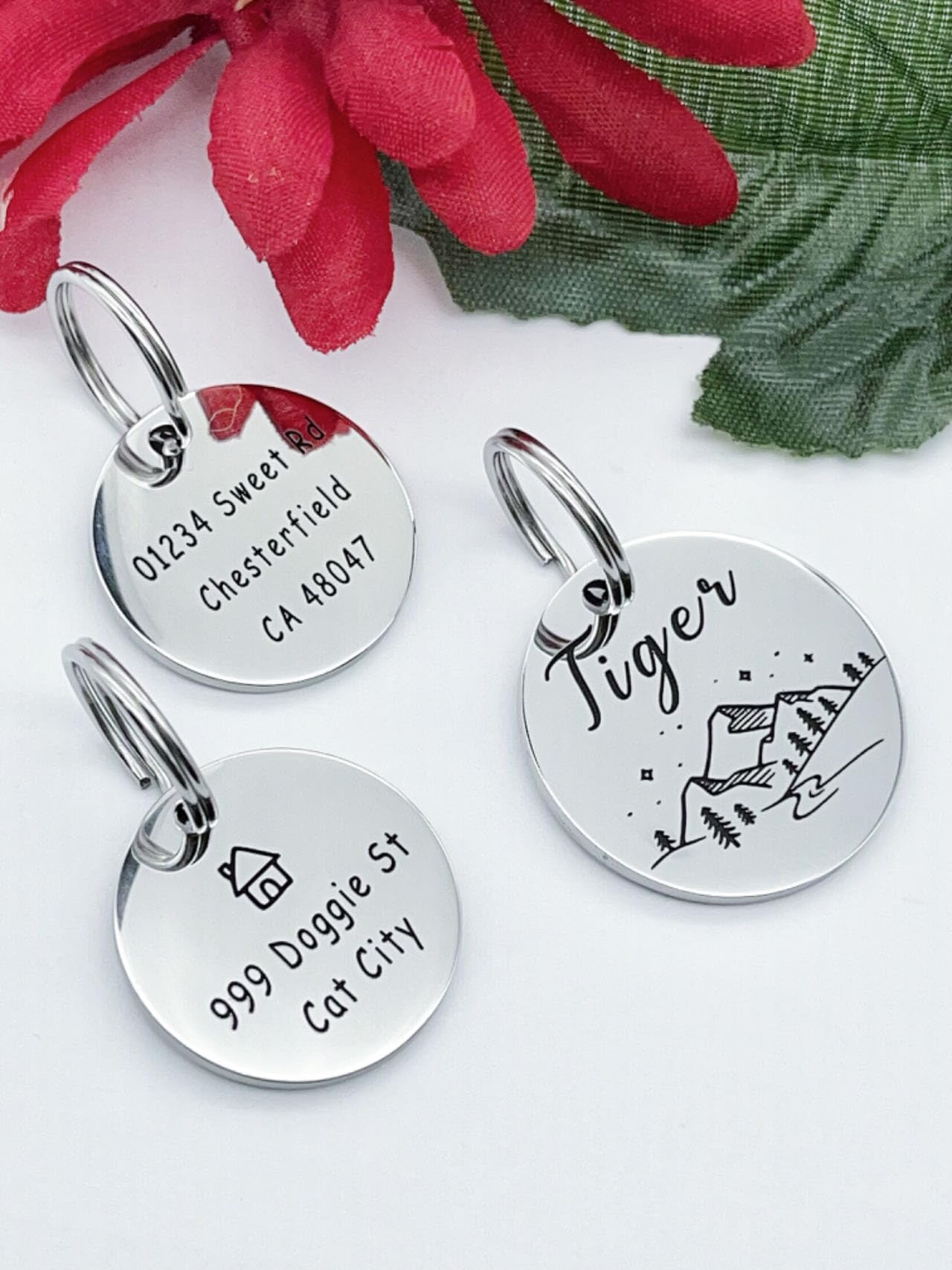 Stainless Steel Pet ID Tags, Personalized Dog Tags and Cat Tags, Engraved on Both Sides, Different Designs, Up to 4 Lines on the Back