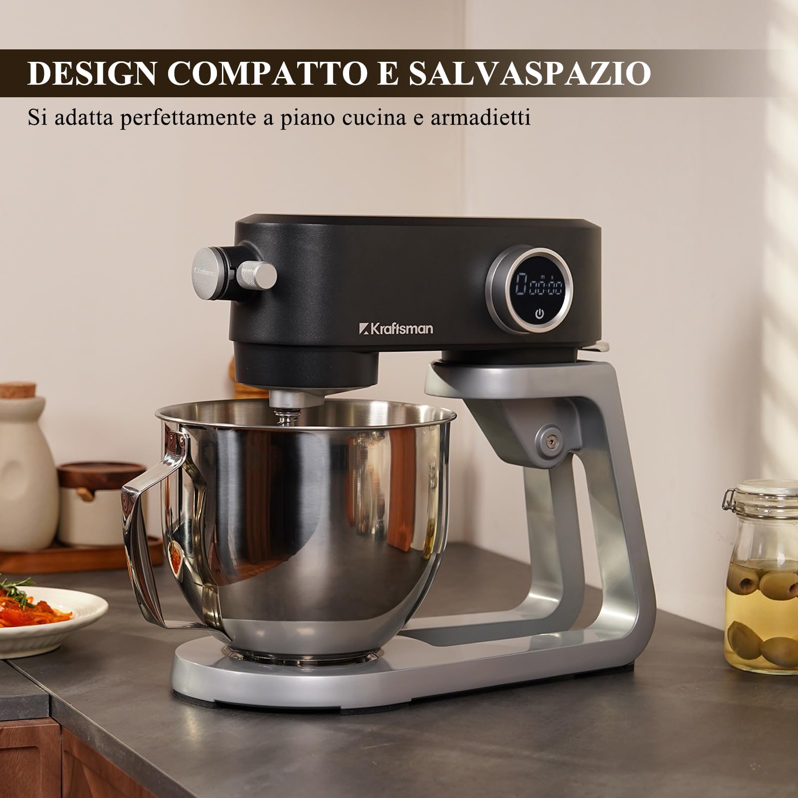 Impastatrice Planetaria Kraftsman in Metallo, 5L Robot da Cucina Multifunzione, 800W, 8 Velocità con Timer, Impastatrice Professionale con 4 Fruste in Acciaio Inox, Ideale per Impasti Duri (Nero)