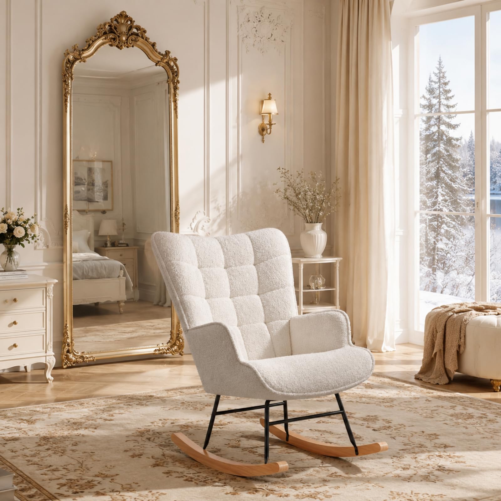 Poltrona Allattamento a Dondolo, Sedia a Dondolo Allattamento con Schienale Alto Ergonomico in Teddy, Poltrona a Dondolo da Interno Imbottita, Poltrona Relax per Soggiorno Camera, Grigio