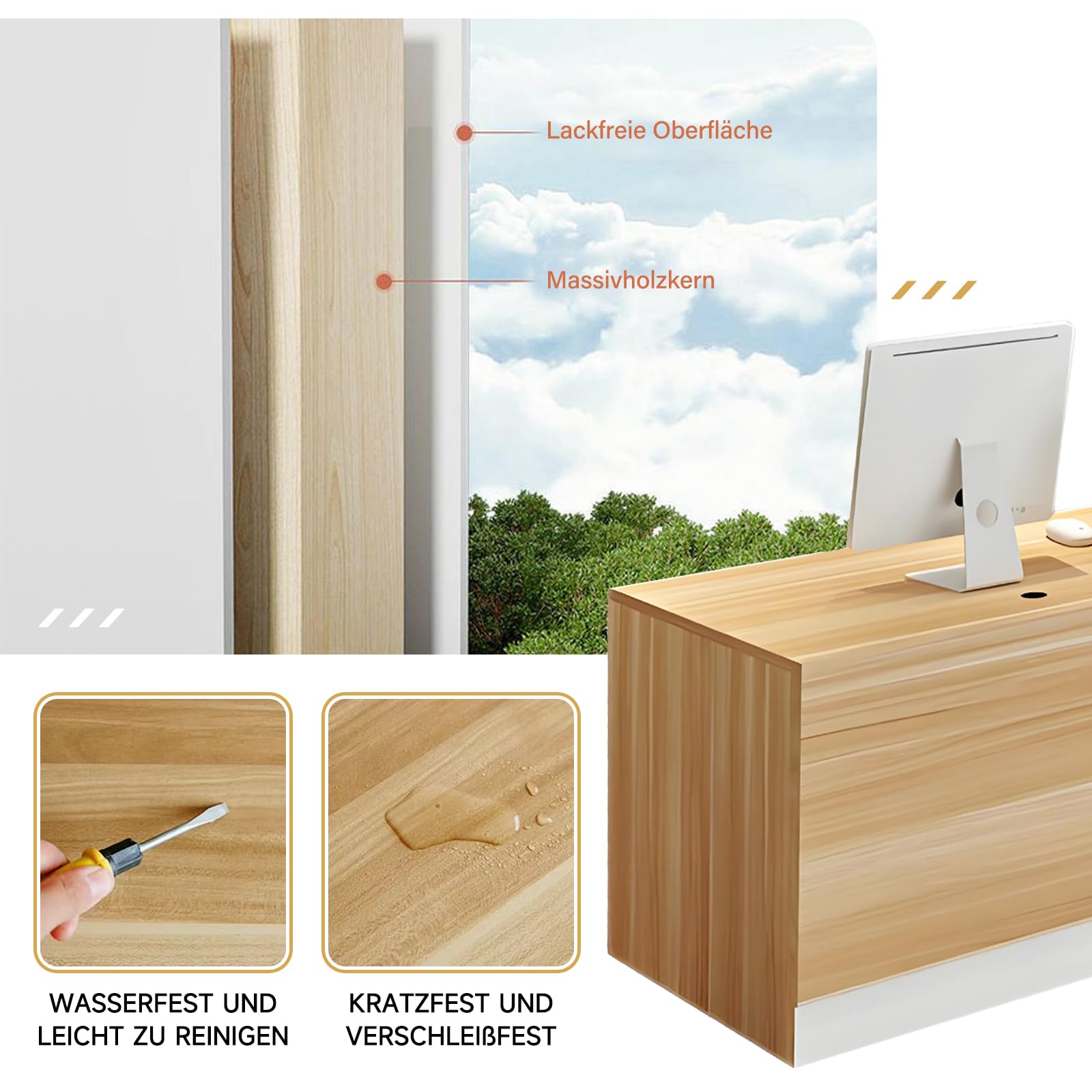 Empfangstheke mit Schublade und offenen Ablagen, Moderne Rezeptionstheke 100–240 cm für Büro, Geschäft, Friseursalon