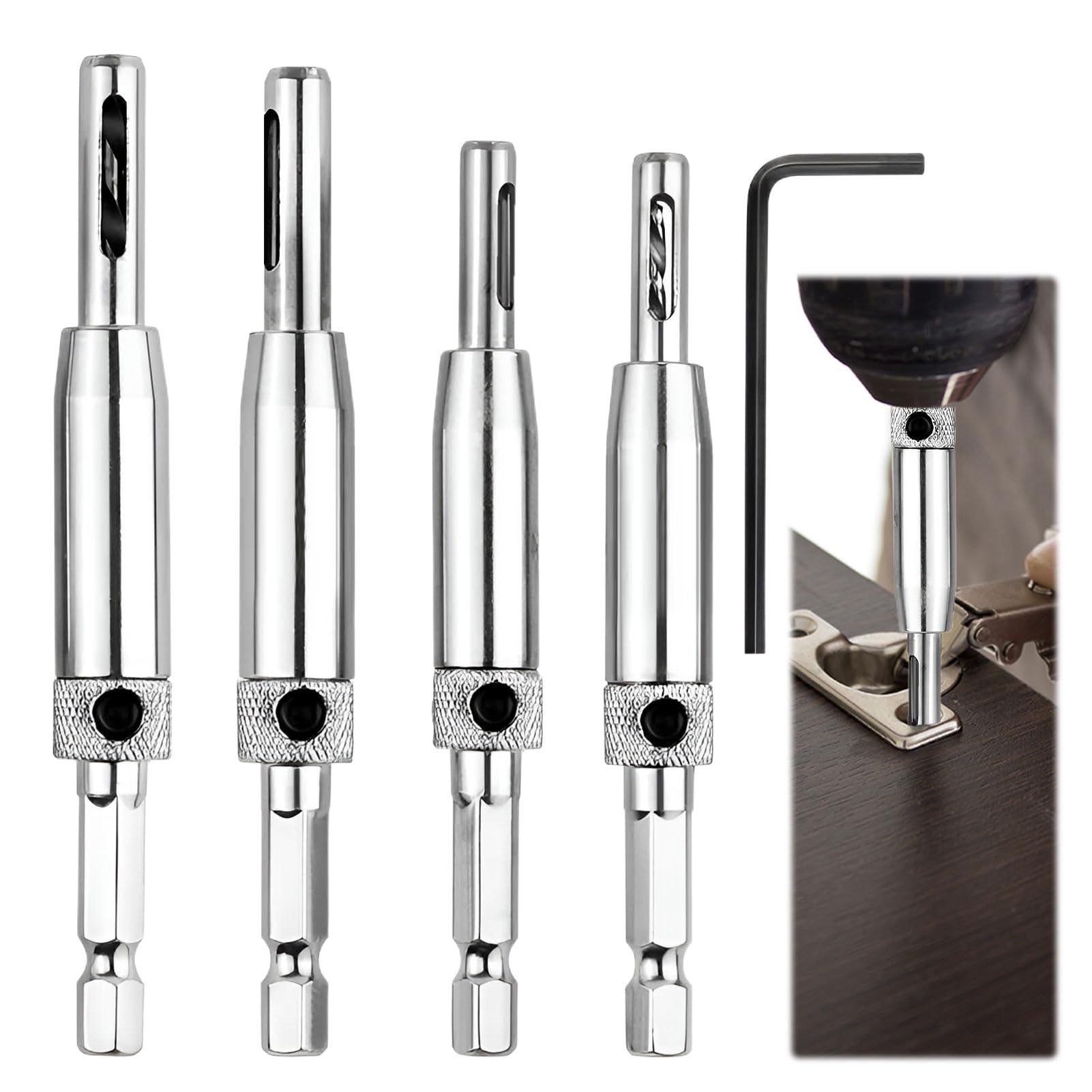 Self Centering Drill Bit Set, 4pcs Hinge Drill Bit Self Centring, Centre Drill Bits, Self Centering Drill Bit for Window Cabinet Door Woodworking (5/64", 7/64", 9/64", 11/64")