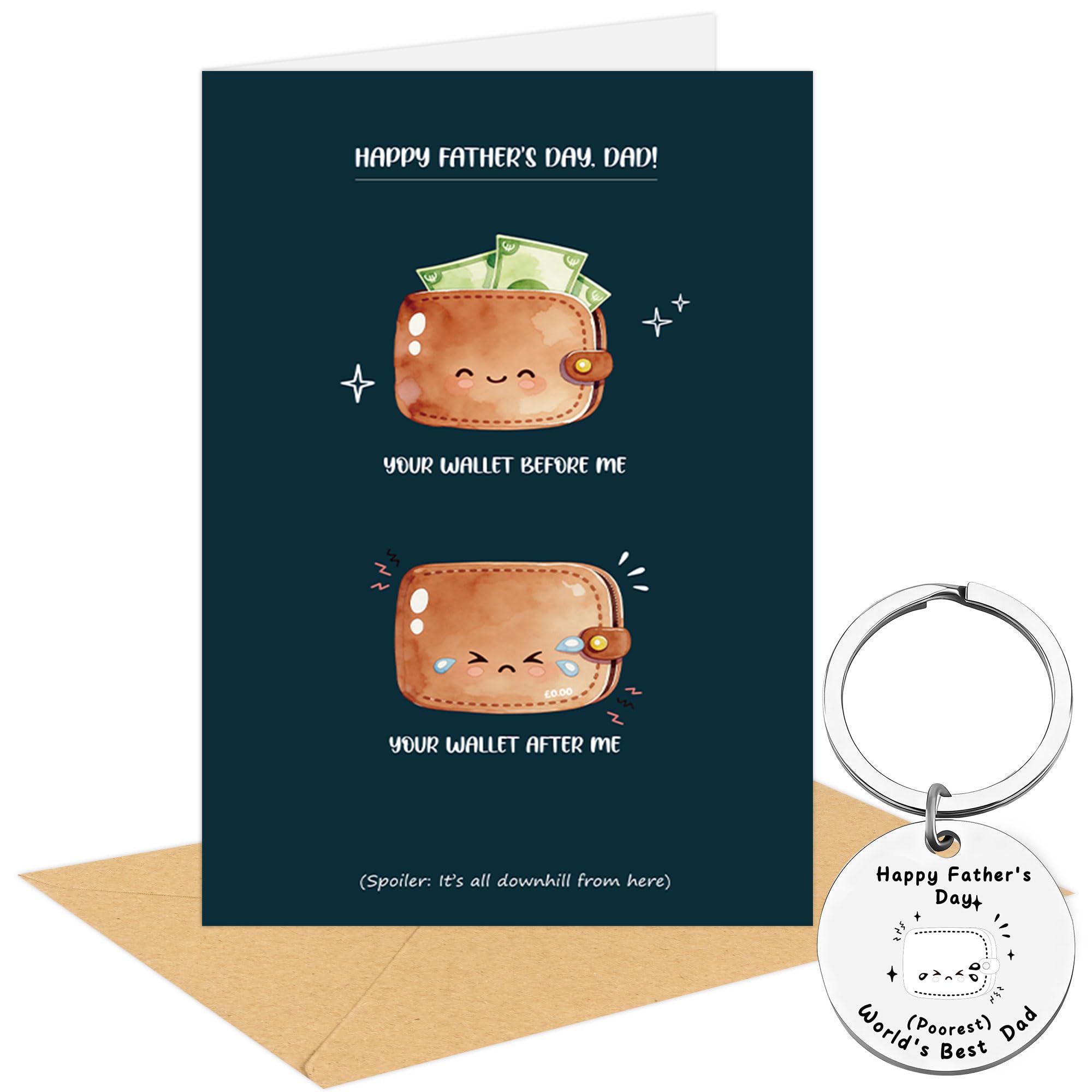 Funny Fathers Day Card with Keychain and Envelope, Cute Watercolor Design Dad Wallet Joke Card, Humorous Fathers Day Gift for Dad from Kids — image 1