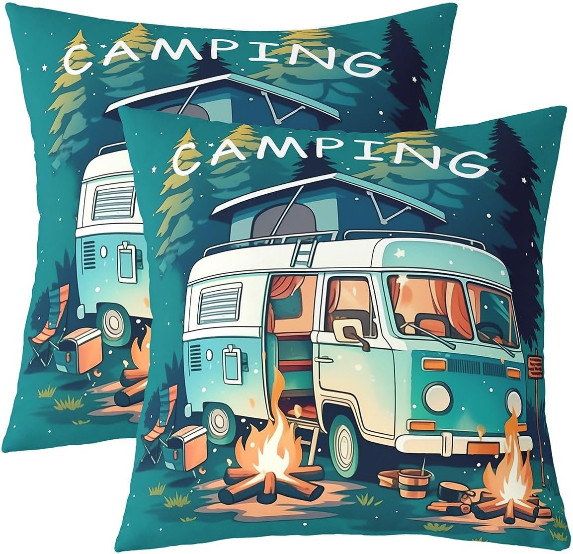 Erosebridal Kids Camper Pillow Covers Pack of 2,Happy Camping Throw Pillow Covers Camper Car Cushion Cases,Travel Car Rv Pine Trees Bonfire Decorative Accent Pillow Cases Room Decor,24x24 Inch