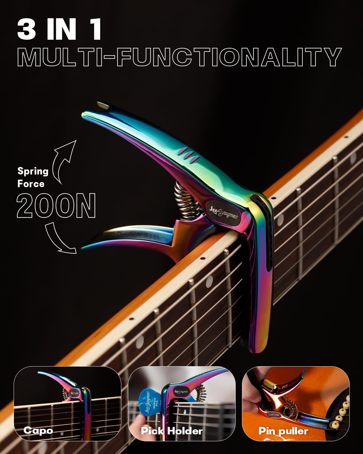 Leo Jaymz Heavy Duty Guitar Capo for Acoustic/Electric Guitars, Guitar Clip made of Zinc Alloy Metal - Image 2