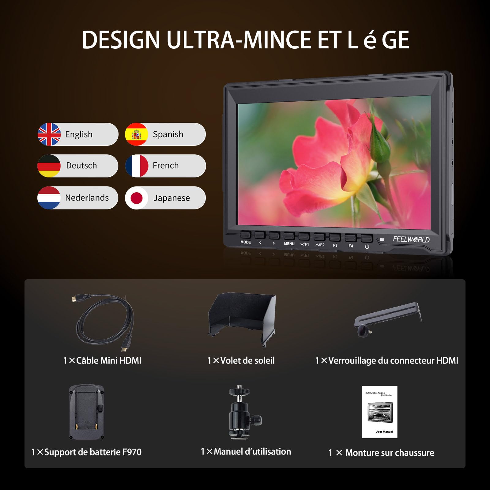 FEELWORLD FW759 7 Pouces sur Caméra Moniteur Camera DSLR Field Monitor Full HD Focus Video Assist 1280x800 IPS avec 4K HDMI Input Output