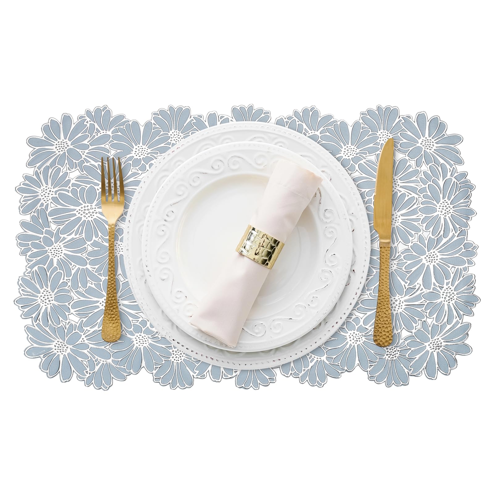 sourcing map 4Pcs Blue Rectangle Placemats, 30x45cm Metallic Dinner Table Mats Hollow Floral Out Pressed Non-Slip Wipeable Hot Dish Pad Trivet Pot Rest for Dining Tables Kitchen Party Wedding