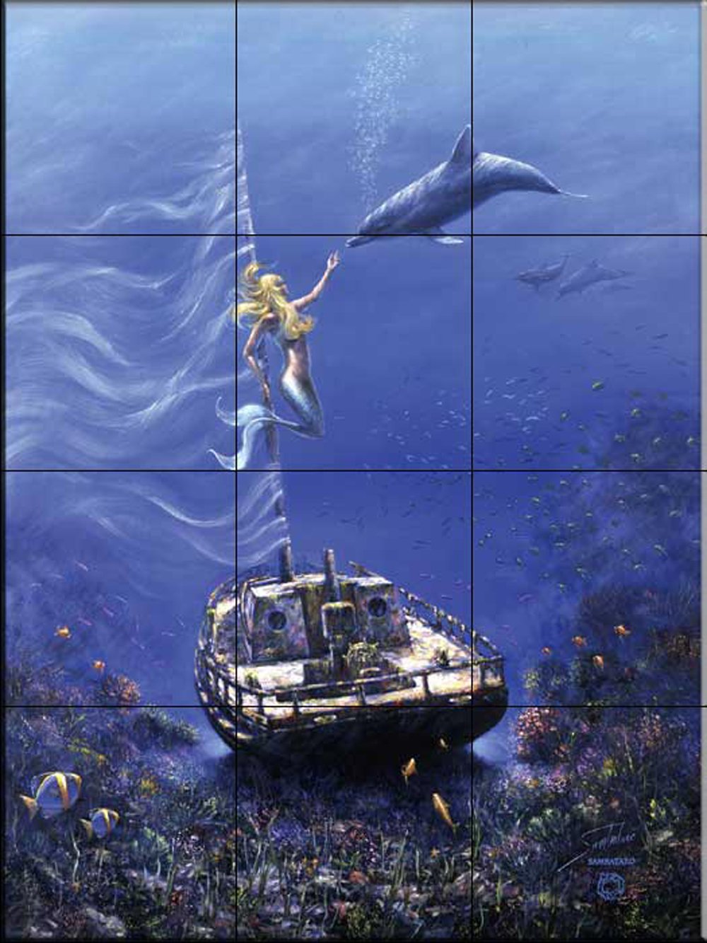 Ceramic Tile Mural - Mermaid Sailing - by Sambataro