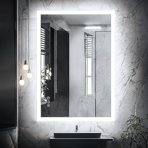 Espejo de baño LED con luces de 28 x 20 pulgadas, espejo de tocador iluminado con parte delantera y retroiluminada, regulable continuamente, espejo