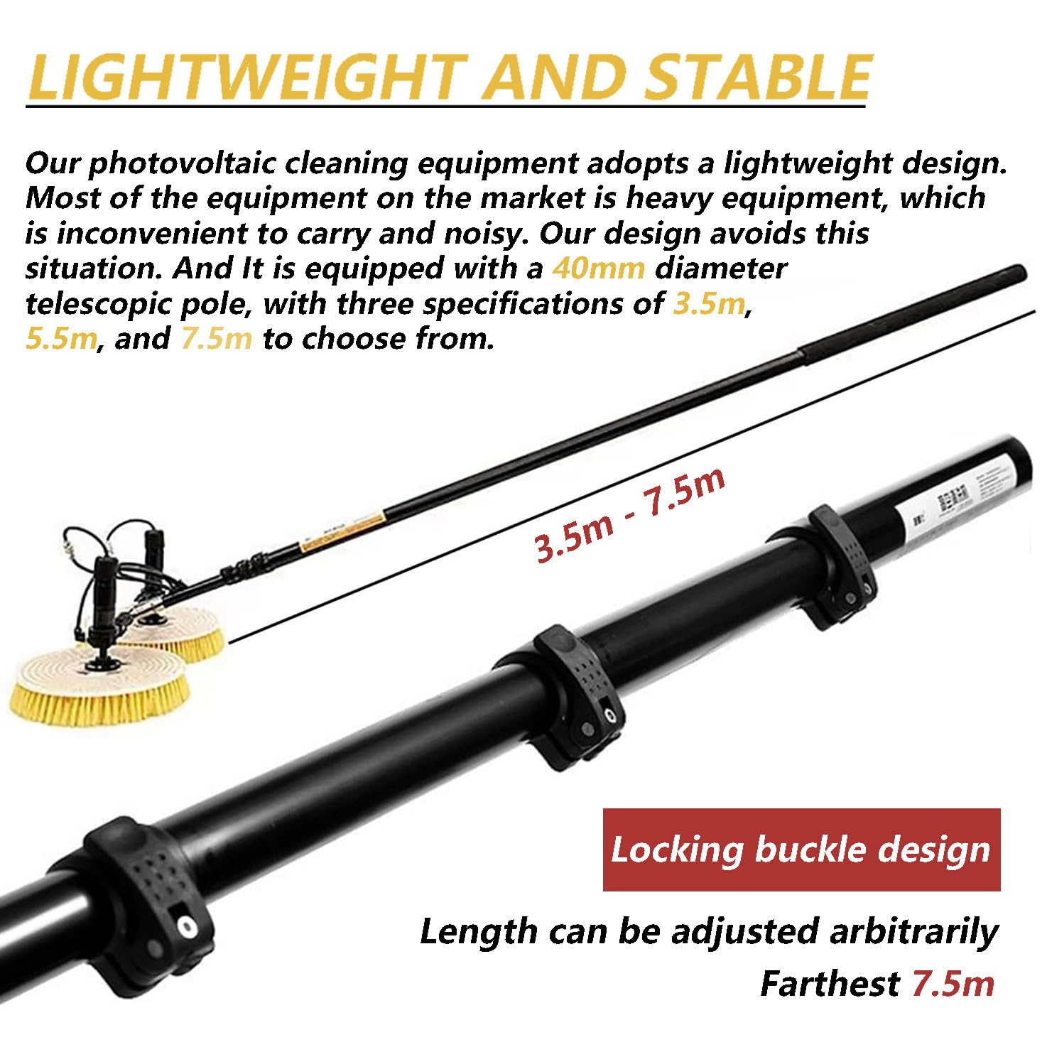 Kit per La Pulizia di Pannelli Solari - Asta Telescopica Regolabile da 350 A 750 Cm, Doppie Testine Rotanti, Tubo dell'Acqua da 9 M + 20 M, Raggio di Pulizia di 65 Cm, Es,3.5m