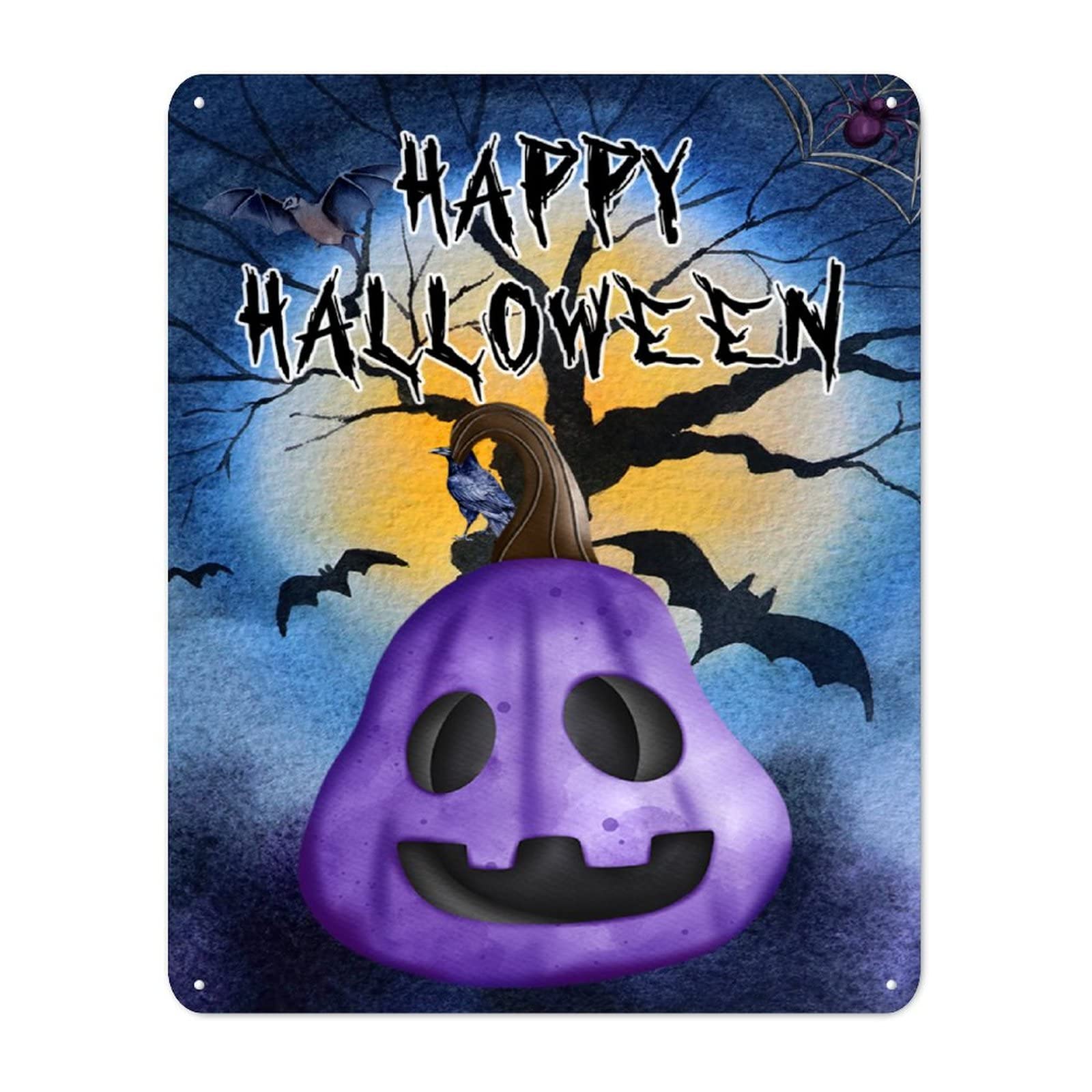 Panneau en métal Happy Halloween citrouille chauve-souris lune déco murale suspendre automne