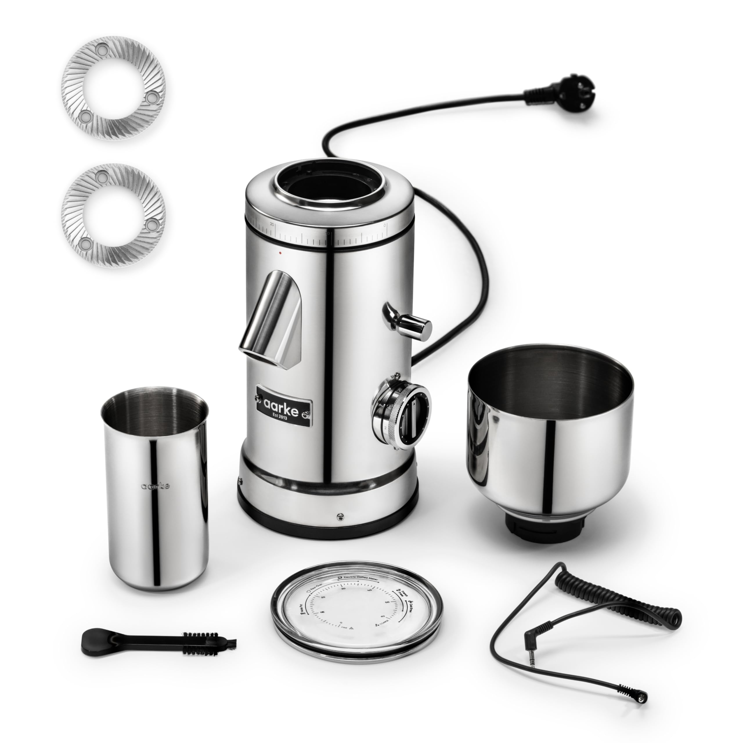 Molinillo de café eléctrico Aarke: molinillo de café de acero inoxidable con nivel de molienda ajustable, discos de molienda de 64 mm, dosificación automática y función de memoria, para espresso.