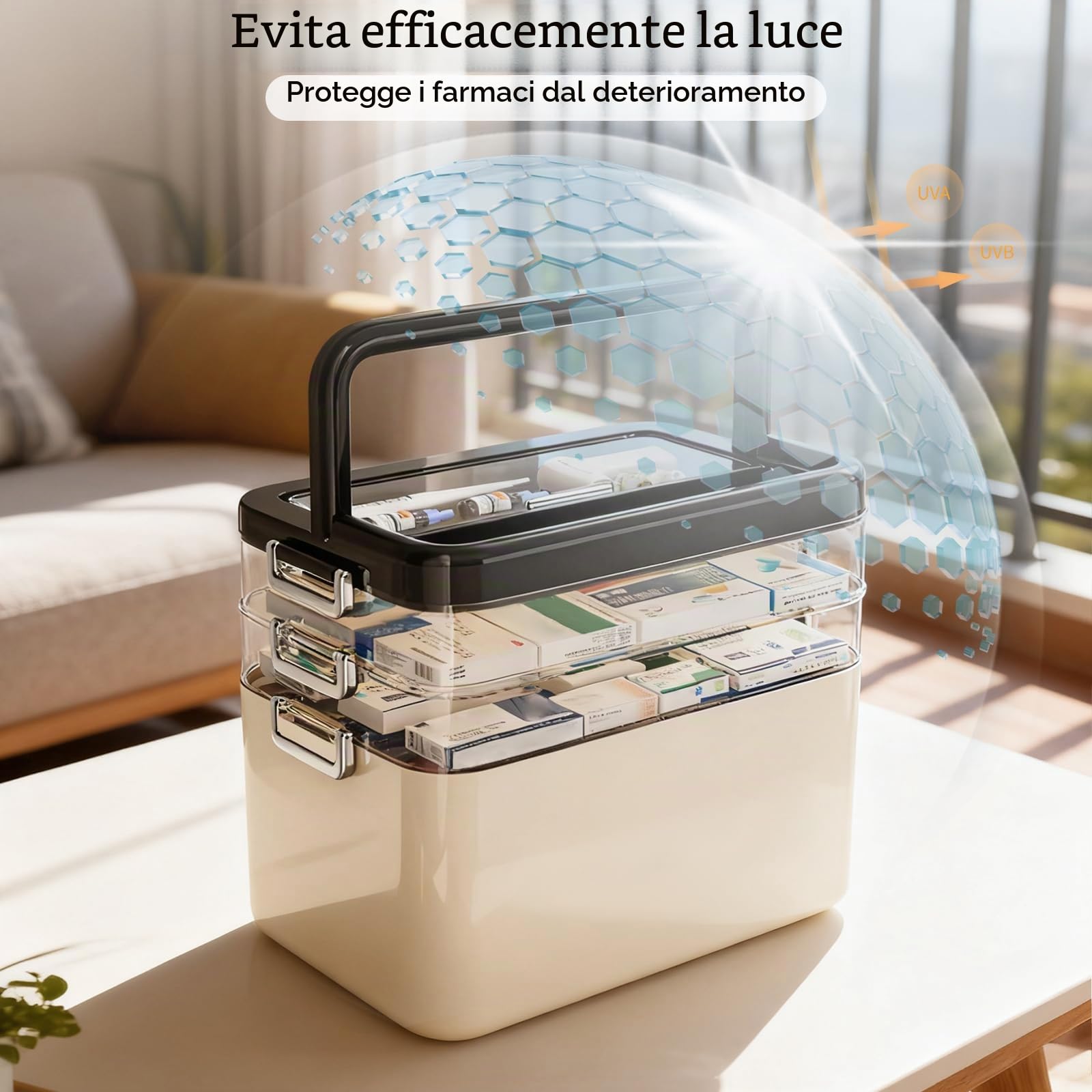 LIROPAU Contenitore per medicinali a 3 ripiani, in plastica, con manico e scomparto rimovibile, organizer multifunzione per medicinali, per casa, ufficio, scuola, 31,5 x 21,5 x 29 cm