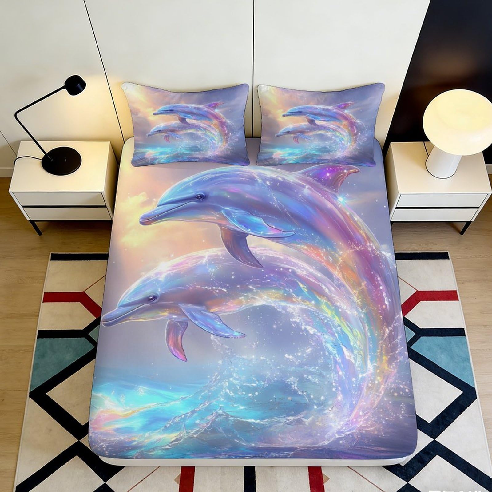 3D Printed Dolphin Design Fitted Sheet Microfiber Soft Breathable Rainbow Splash Bed Cover for Bedroom Dormitory Guest Room Mattress Protection 120x200x25cm