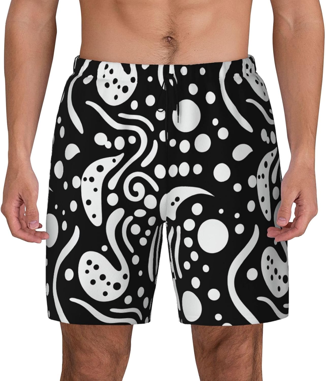 Men's Swim Trunks 2 in 1 Quick Dry Bathing Suits Black and White Abstract Circles Beach Board Shorts Swimwear