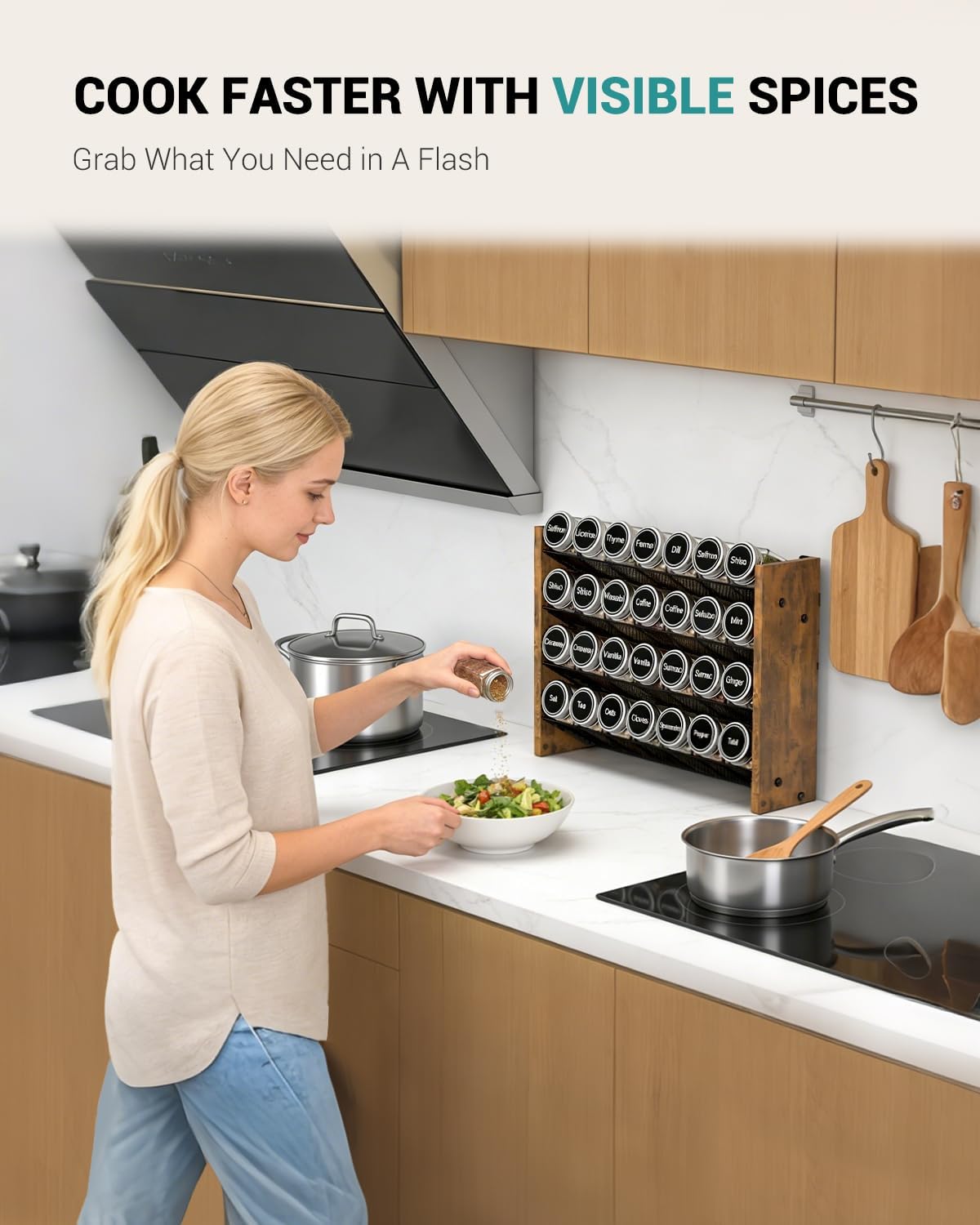 NESAPTO Spice Rack Organizer for Cabinet, Wooden 4 Tier Vertical Seasoning Organizers for Kitchen Pantry, Countertop/Wall Mount, Holds 28 Spice Jars (No Jars Included), 14" W × 9.4" H