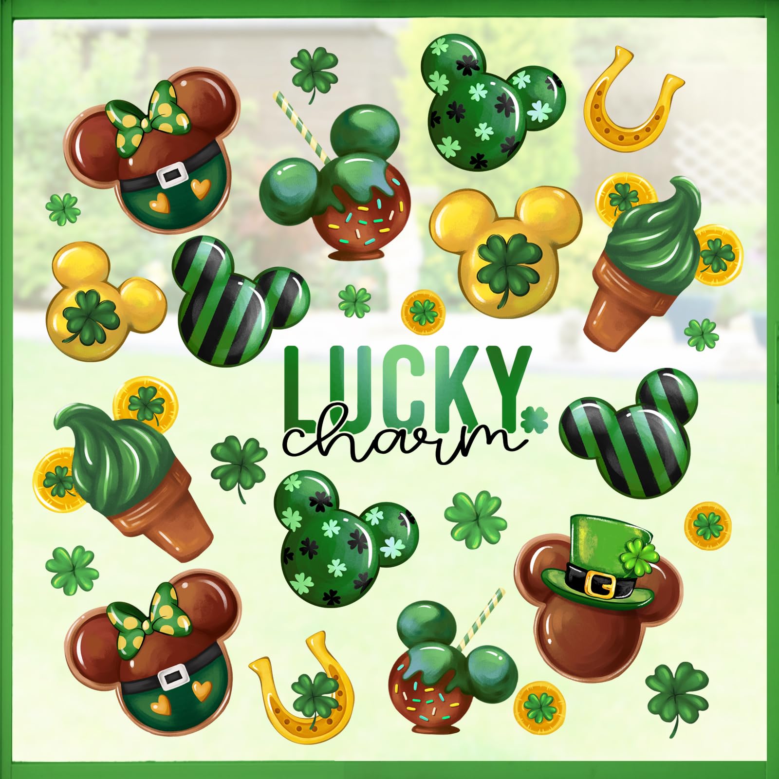 Pycat Happy St Patricks Day Window Clings 4 Sheets, Lucky Charm Dessert Cookie Ice Cream Shamrock Clover Stickers Decals Decorations, Spring Irish Gold Coin Horseshoe Home Kitchen Decor