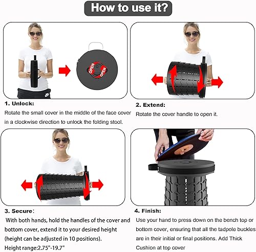 Miniatura 8 de ALEVMOOM Taburete plegable XXL mejorado de 19.7 pulgadas con cojín, taburete plegable portátil de alta resistencia, carga máxima de 1000 libras,