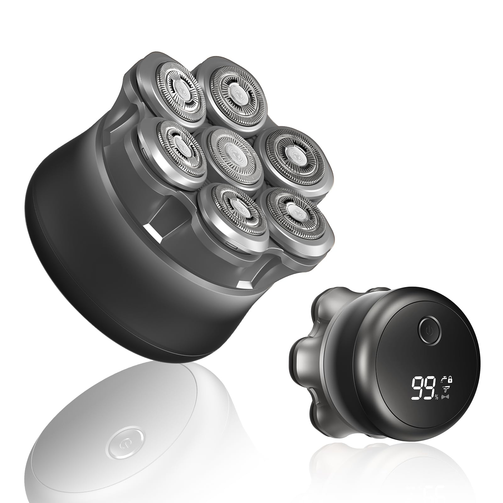 Afeitadora cabeza hombre, Maquina afeitar cabeza 7D para hombre magnético, Afeitadora de cabeza hombre Recargable portátil, Impermeable, para uso en seco y húmedo, Con Pantalla LED Bloqueo de Viaje