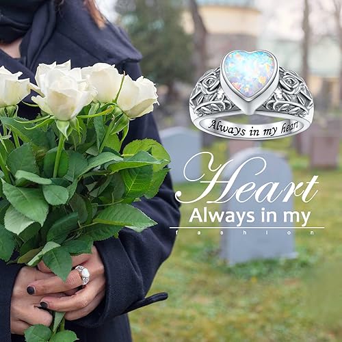 Miniatura 7 de Anillo de Urna de Árbol de la Vida con Corazón de Ópalo, Girasol, Rosa para Cenizas, Plata de Ley 925, Joyería de Cremación, Anillo de Recuerdo de