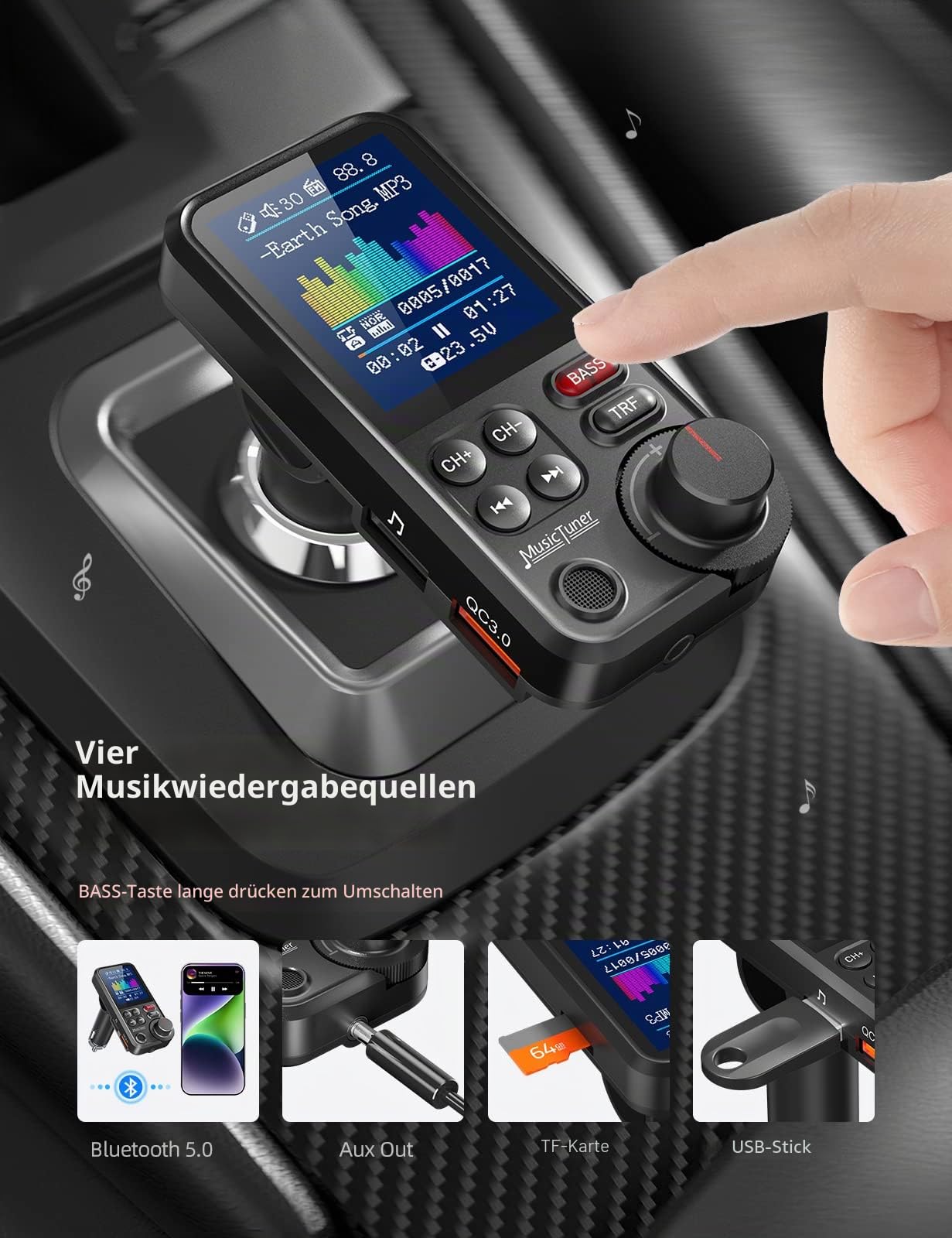 Nulaxy Bluetooth Adapter Auto, Starkes Mikrofon FM Transmitter Auto Bluetooth mit 1,8-Zoll-Farbbildschirm für Freisprechanrufe, unterstützt QC3.0-Lade-, Höhen- und Bassmusik-Player - KM30