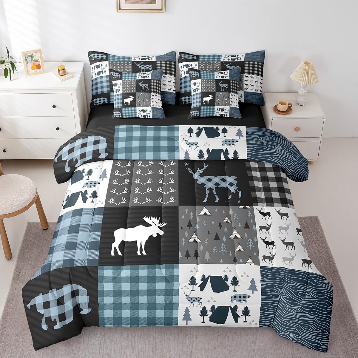 Retro Cabin Queen Comforter Set with Sheets, Rustic Lodge Patchwork 7 Piece Bedding Set Bear Deer Hunting Wildlife Bed in a Bag, Blue Lattice Checked Plaid Country Farmhouse Camper Decor Bed Sets