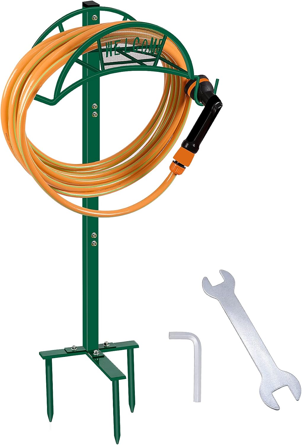 West Bay Garden Hose Holder Hanger, Hose Reel Holder Free Standing Metal Water Heavy Iron Holders Storage Stand Rack Yard Lawn Unique 2022 New Version Green (Hose Not Included)