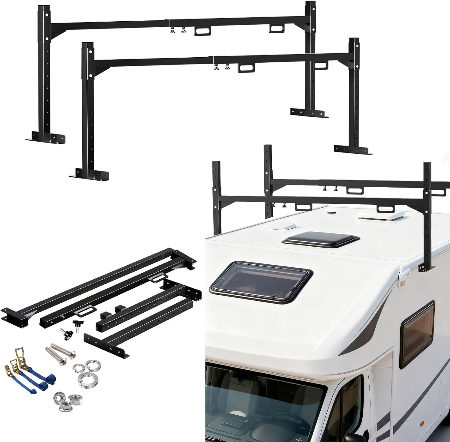 Trailer Ladder Rack, 4.1'-7.2' Adjustable Heavy Duty Ladder Holder for Enclosed & Open Trailers, Black Ladder Rack with Secure Ladder Stopper for Transport