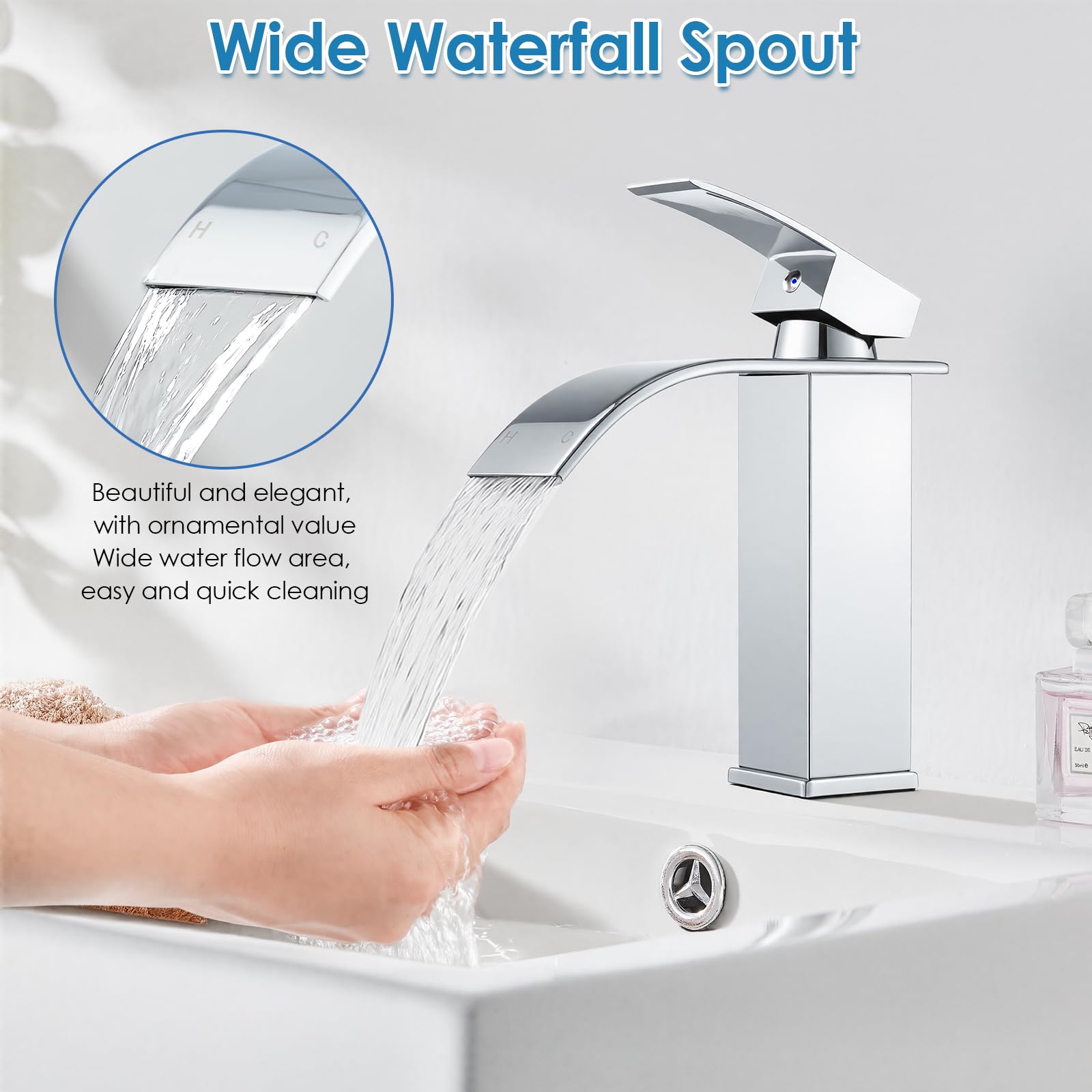 VONATES Bathroom Taps, 304 Stainless Steel Waterfall Tap with Ceramic Valve Cartridge, 60cm G1/2 Hoses, Easy to Install - Image 3
