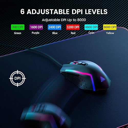 Miniatura 2 de EKSA Mouse para juegos mouse ergonómico con cable con 7 botones programables retroiluminación Chroma RGB 6 y ajustable 8000 DPI para jugadores de PC