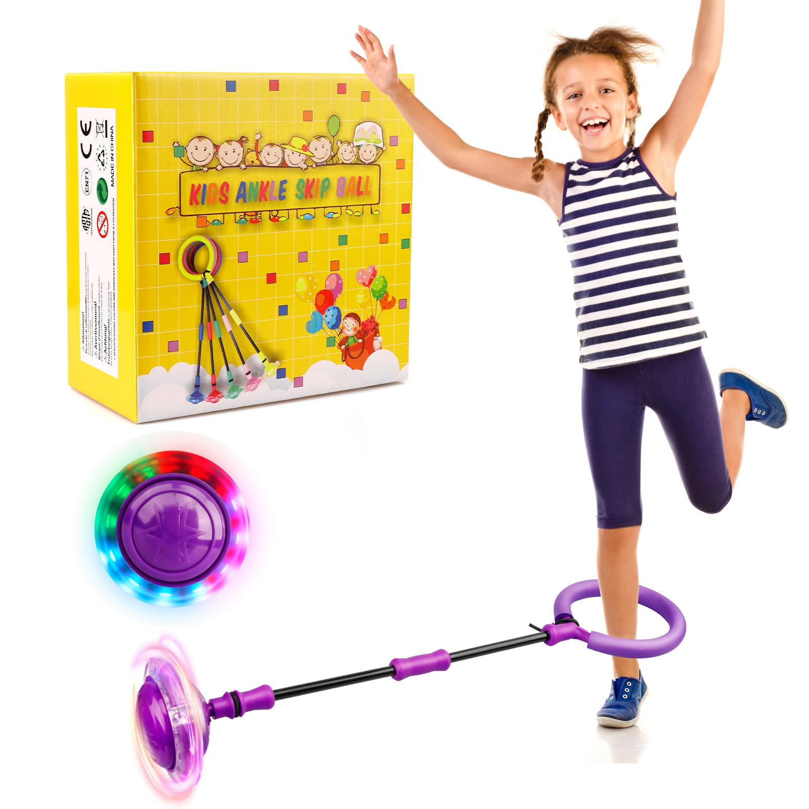 GAPER GO Ankle Skip Ball for Kids, Foldable Colorful Light Flash Wheel Skip It Ball for Kids(Purple)