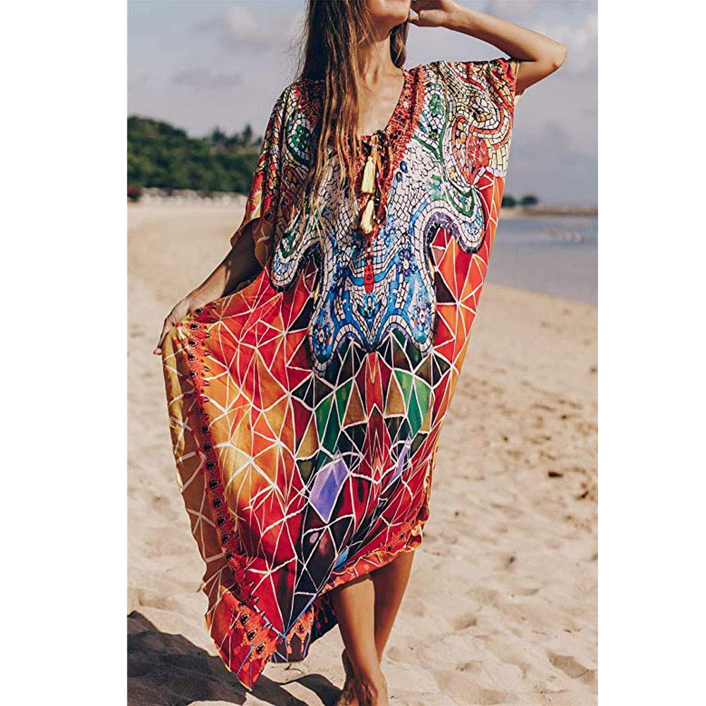 Caftan Vestido Largo de Playa Mujer Verano Traje de Baño Bohemio Floral Maxi Túnica Pareo Bikini Cover Up