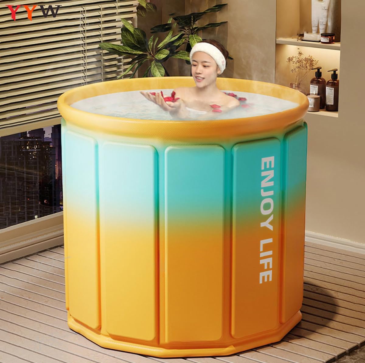 YYW Portable Adult Foldable Bathtub Freestanding Bath Soaking Tub Family SPA Collapsible Bath Bucket Orange Modern PVC Cylindrical Bathtub