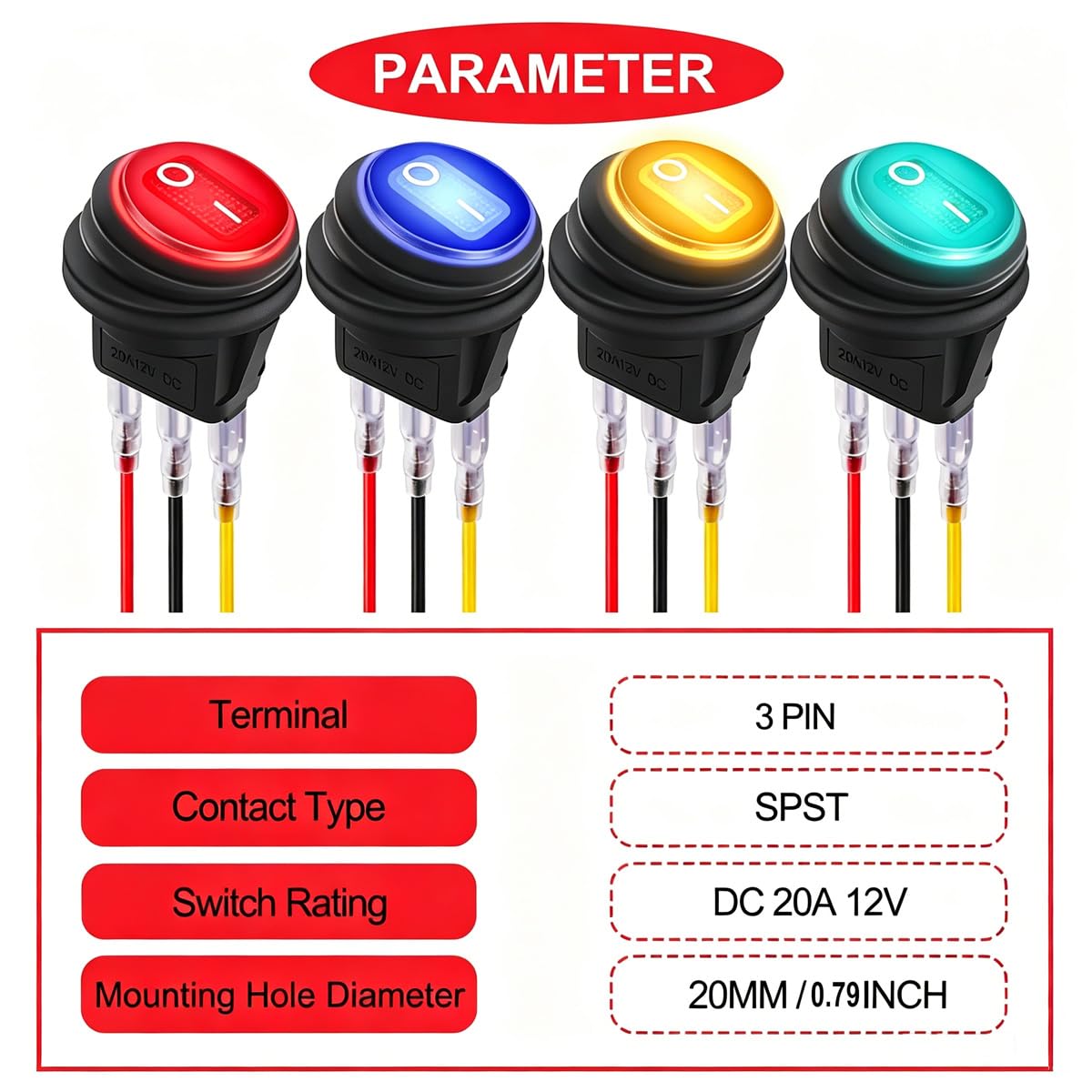 Gebildet 4 szt. 10A/12V-24V DC, Wstępnie Okablowany, Przełącznik Dźwigienkowy ze Swiatłem LED, ON-AUS SPST, 3-biegunowy, Wodoszczelny, Okrągły Przełącznik Kołyskowy, Przycisk Rocker, Przełącznik