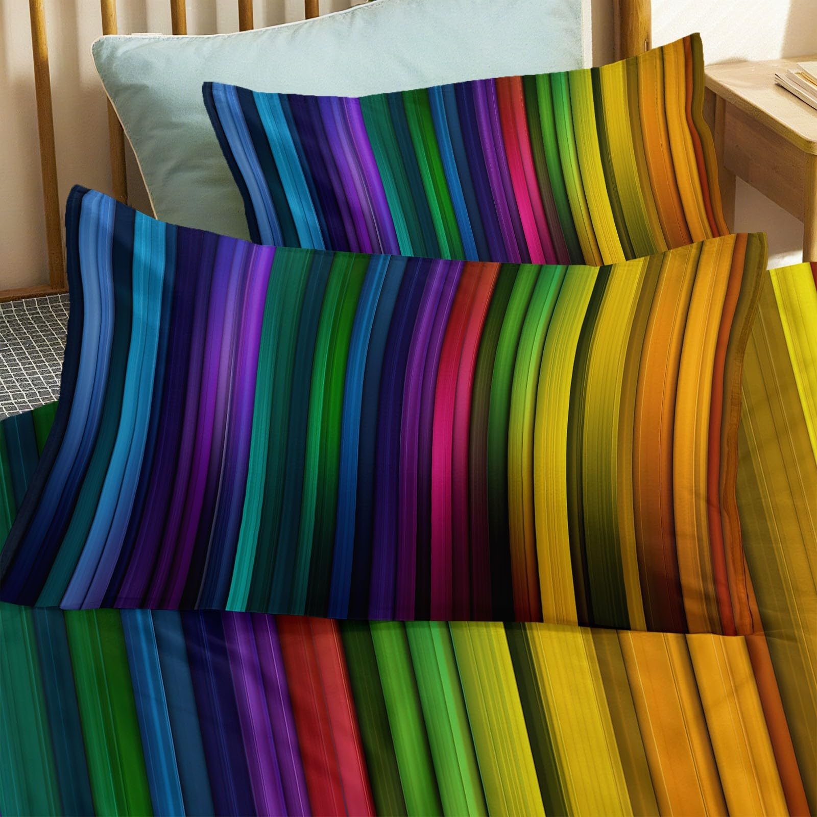 Abstrakcyjna poszwa na kołdrę w pionowe tęczowe paski Bedding 240 x 220 cm z 2 poszewkami na poduszki, wielokolorowa, miękka szczotkowana mikrofibra zestaw pościeli dla dorosłych dla 2 osób
