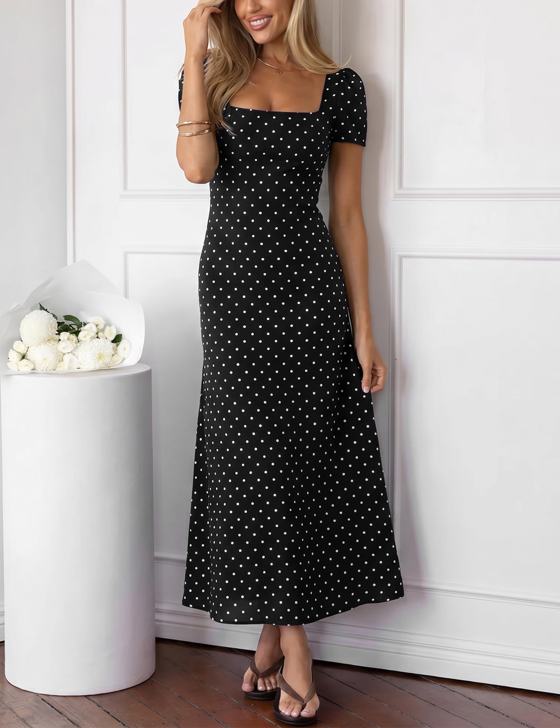 Fengbay Vestido de verano para mujer, diseño de lunares, con escote cuadrado, estilo vintage