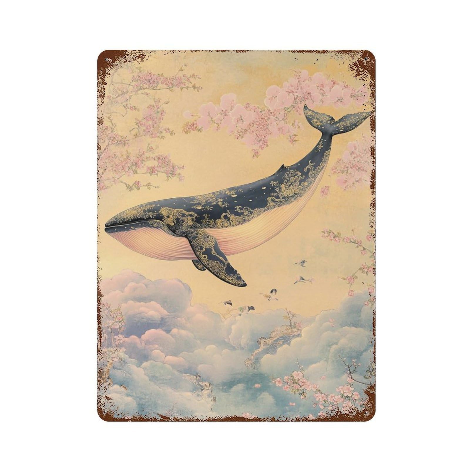 Whale in Cherry Blossom Sky Vintage Metal Tin Sign 15.7"x11.8", Ideal for Living Room, Hallway And Home Decor