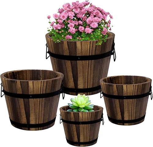 Adnee Paquete de 4 macetas de barril de whisky  Juego de macetas de madera de varios tamaños  Macetas rústicas de madera real para flores rústicas
