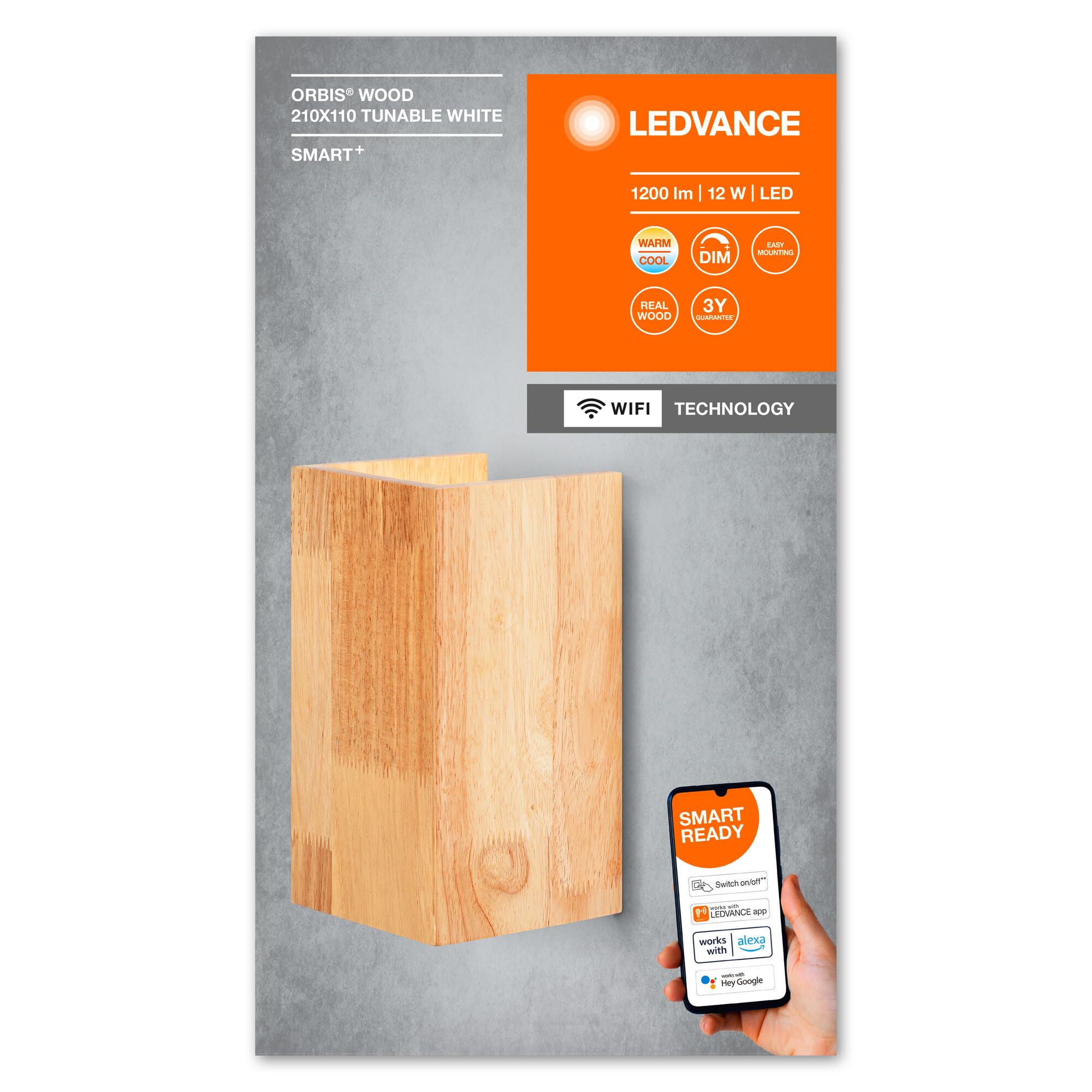 LEDVANCE EDVANCE Lampada ORBIS WOOD SMART+ Wi-Fi, lampada da parete per interni a LED dimmerabile, illuminazione 14W, 3000-6500K, 600lm, forma quadrata in vero legno, 21x11cm