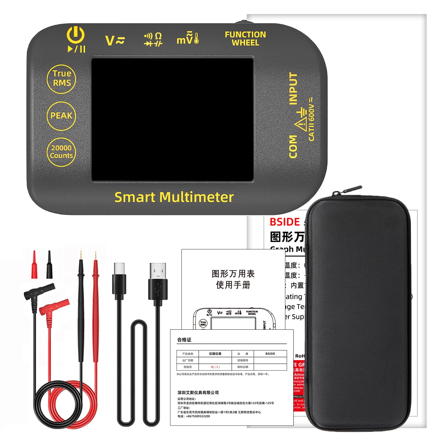 BSIDE S40 Mini Multimetro Digitale Tascabile 20000 Conteggi Multimetro TRMS di Precisione 1000V con LCD a Colori e Supporto, Tester Elettricista Ricaricabile per Fotovoltaico Millivolt AC Peak