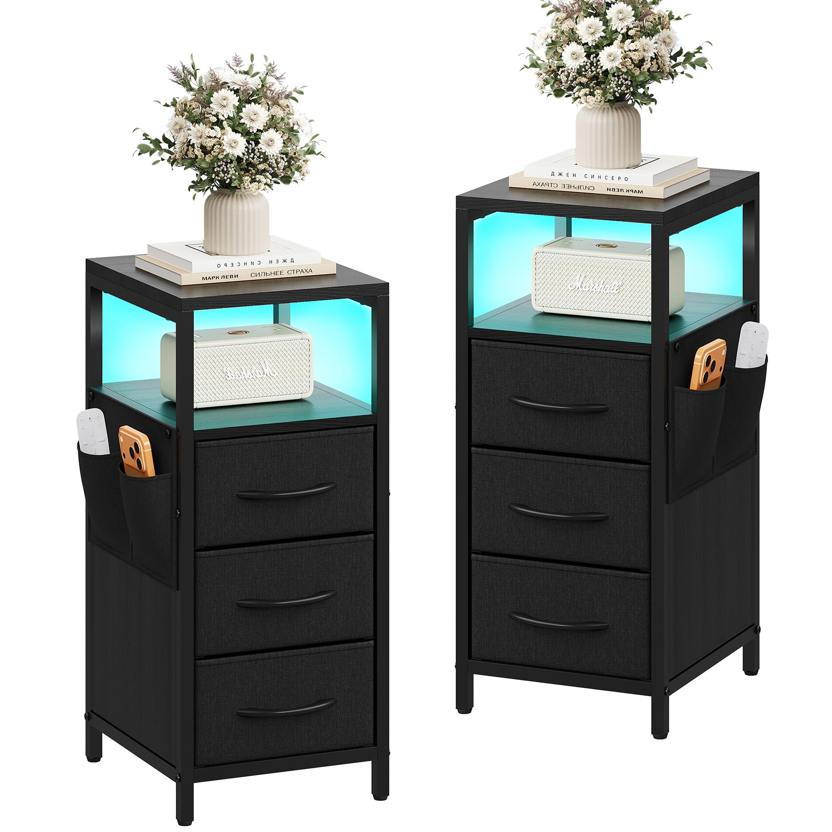 Dripex Bedside Table Set of 2 with LED Lights, Nightstand with 3 Fabric Drawers and Metal Frame, Slim Bedside Cabinet with Open Storage Shelf, Side Table for Small Spaces, Bedroom, Living Room — image 1