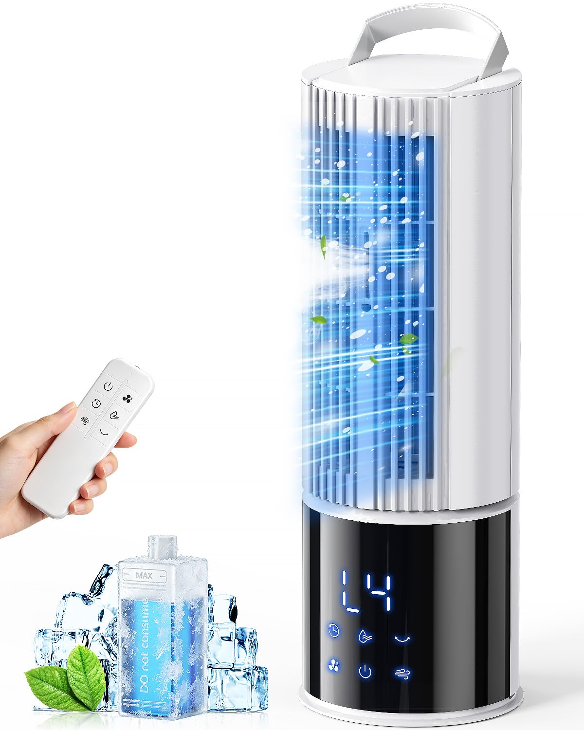 Climatiseur mobile 6en1, refroidisseur d'air avec 3 vitesses, mode turbo, soufflerie douce, fonction brume et minuterie (1-8 h), oscillation 45°/90°, parfait pour la maison et le bureau (Blanc clair)