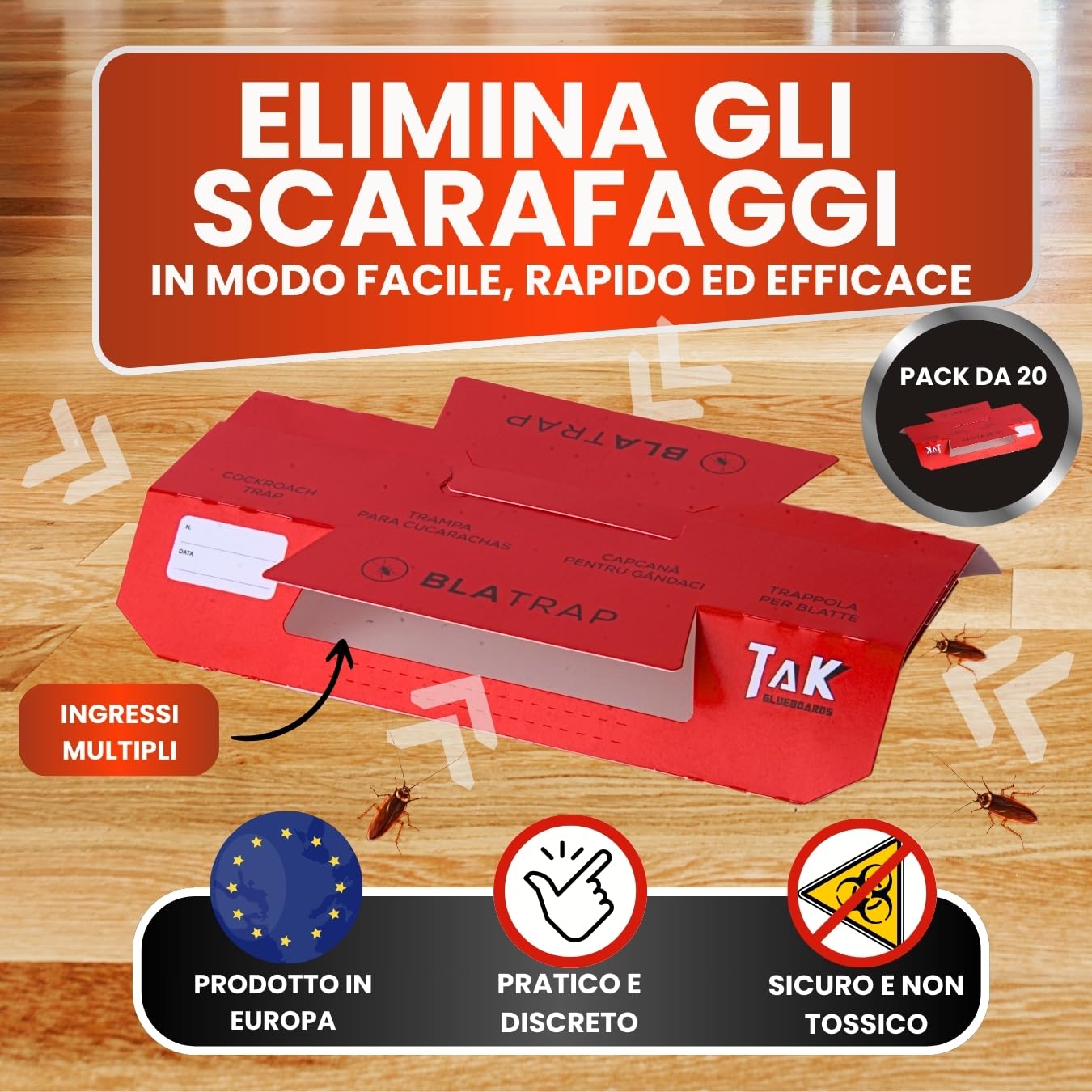 12 Trappola per scarafaggi, Trappola per blatte da interno - Prodotto in Italia - Trappola Blatte e Scarafaggi, trappole Insetti e Ragni in casa, Soluzione Efficace e Sicura (12 Trappole)